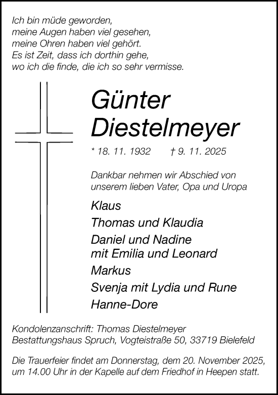 Traueranzeige von Günter Diestelmeyer von Neue Westfälische und Westfalen-Blatt