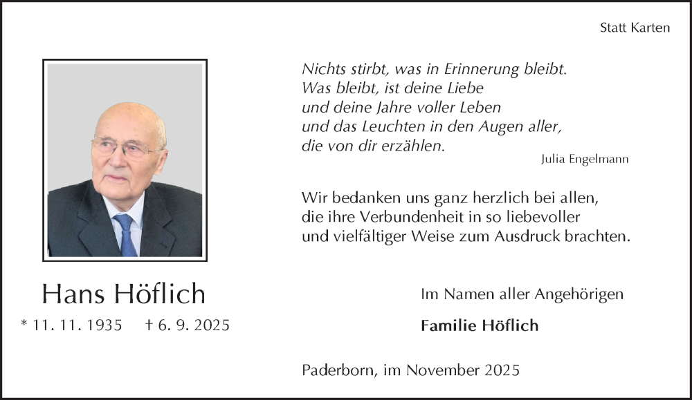  Traueranzeige für Hans Höflich vom 08.11.2025 aus Neue Westfälische und Westfalen-Blatt