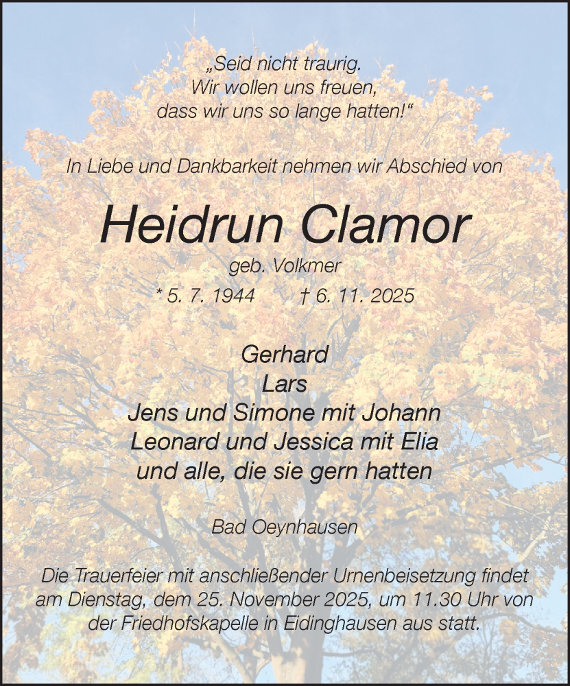  Traueranzeige für Heidrun Clamor vom 15.11.2025 aus Neue Westfälische und Westfalen-Blatt