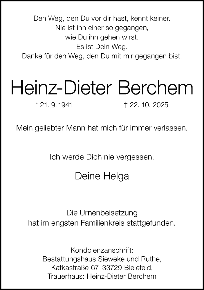  Traueranzeige für Heinz-Dieter Berchem vom 08.11.2025 aus Neue Westfälische und Westfalen-Blatt