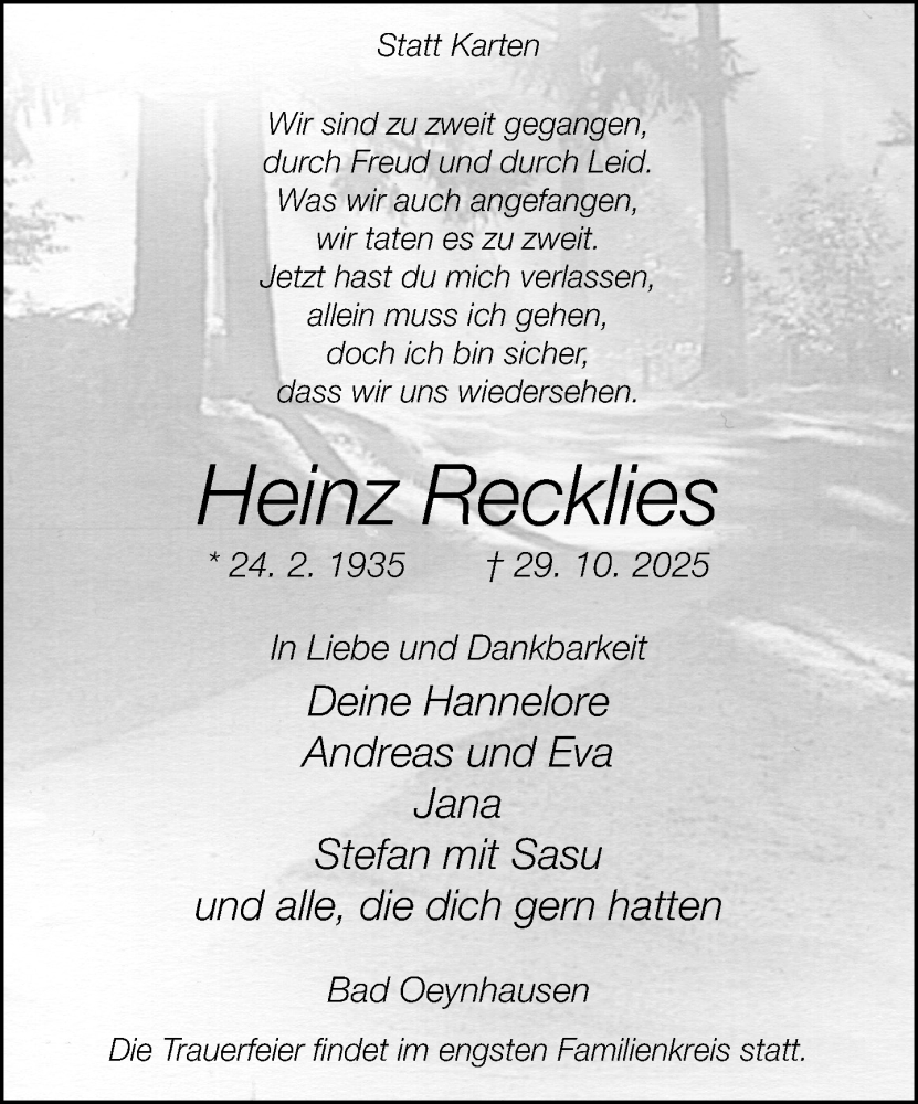  Traueranzeige für Heinz Recklies vom 08.11.2025 aus Neue Westfälische und Westfalen-Blatt