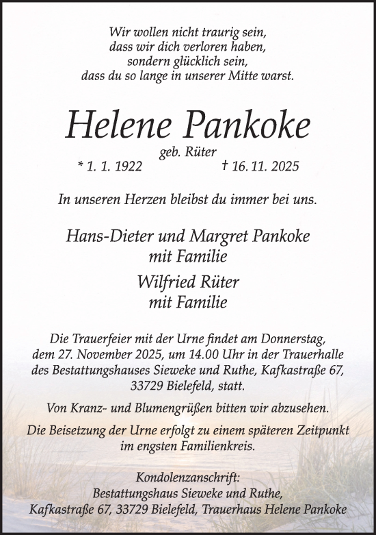 Traueranzeige von Helene Pankoke von Neue Westfälische und Westfalen-Blatt