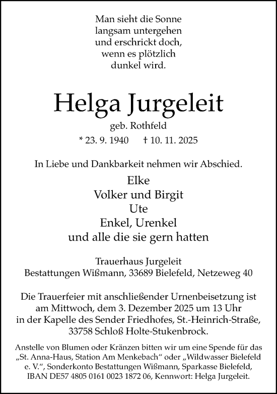 Traueranzeige von Helga Jurgeleit von Neue Westfälische und Westfalen-Blatt