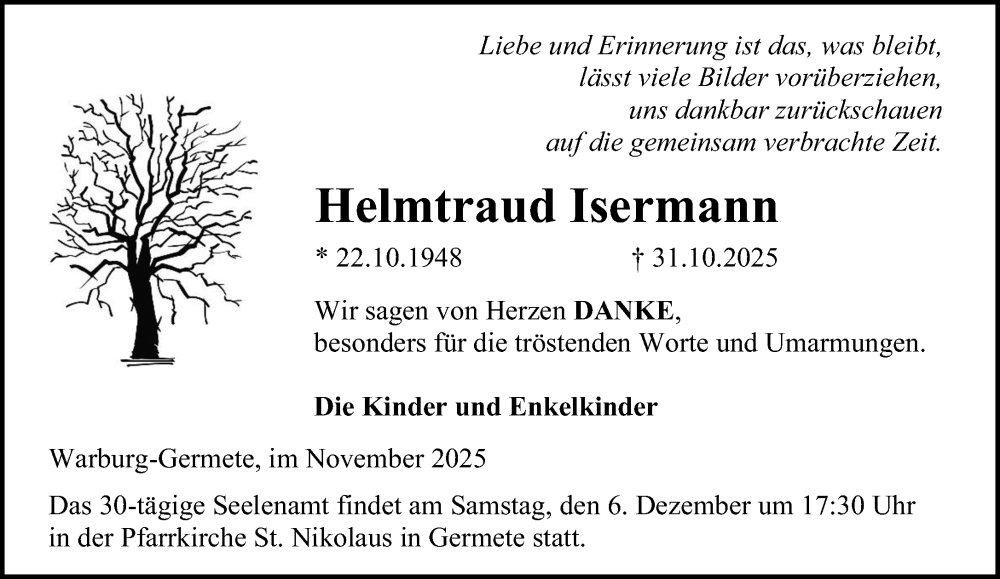  Traueranzeige für Helmtraud Isermann vom 29.11.2025 aus Neue Westfälische und Westfalen-Blatt