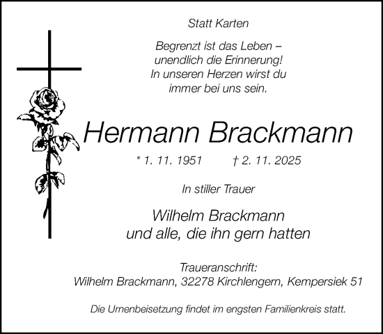 Traueranzeige von Hermann Brackmann von Neue Westfälische und Westfalen-Blatt