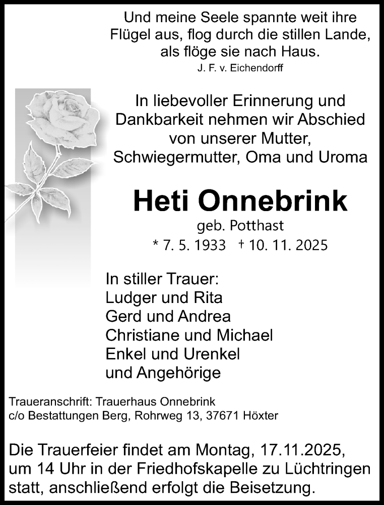  Traueranzeige für Heti Onnebrink vom 15.11.2025 aus Neue Westfälische und Westfalen-Blatt