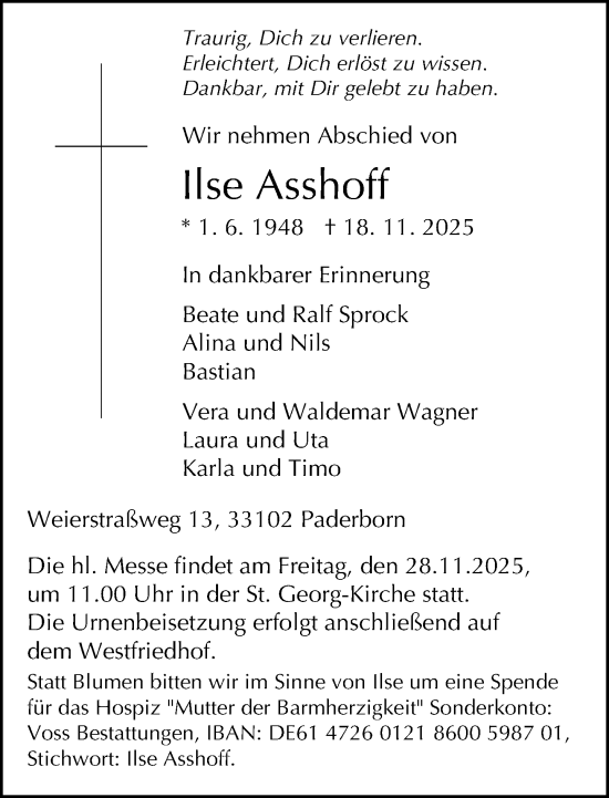 Traueranzeige von Ilse Asshoff von Neue Westfälische und Westfalen-Blatt