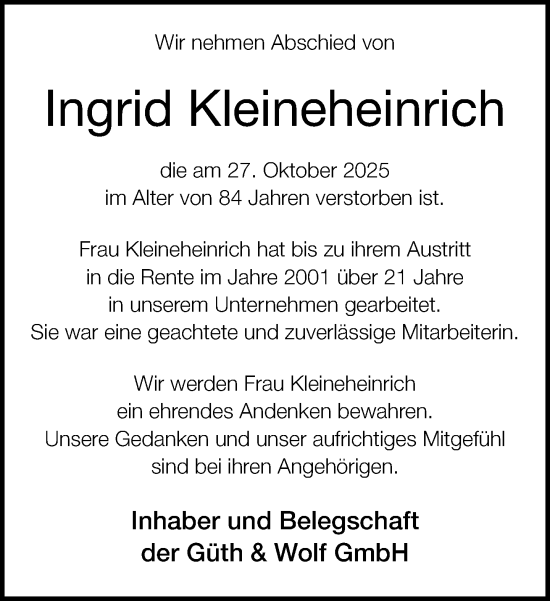 Traueranzeige von Ingrid Kleineheinrich von Neue Westfälische und Westfalen-Blatt