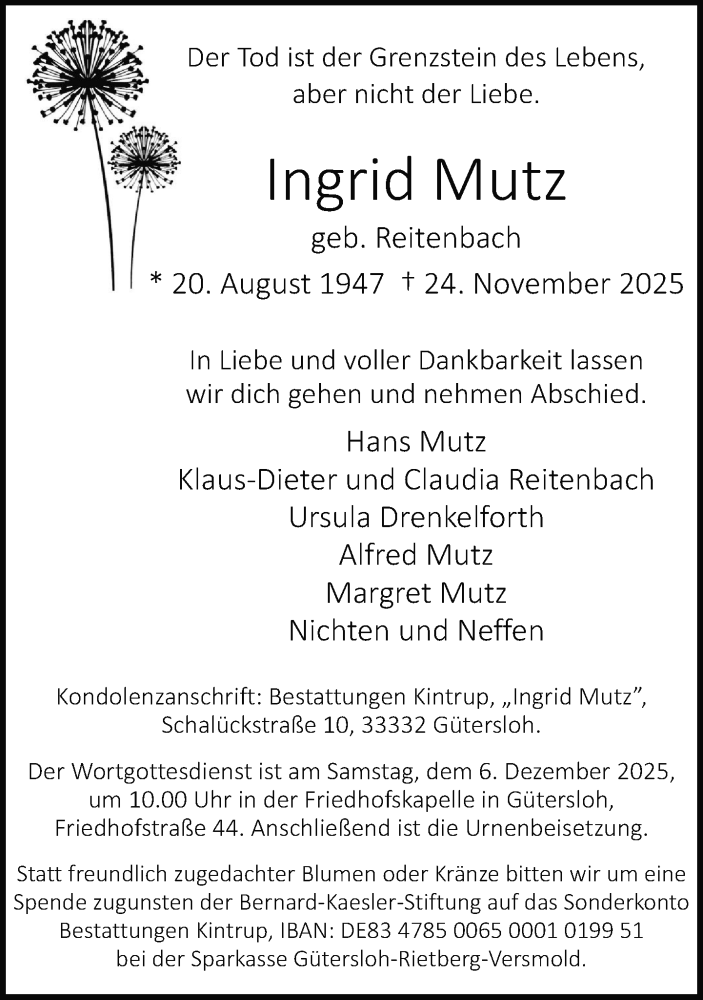  Traueranzeige für Ingrid Mutz vom 29.11.2025 aus Neue Westfälische und Westfalen-Blatt