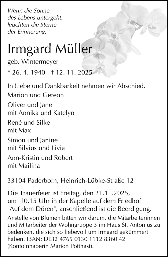 Traueranzeige von Irmgard Müller von Neue Westfälische und Westfalen-Blatt