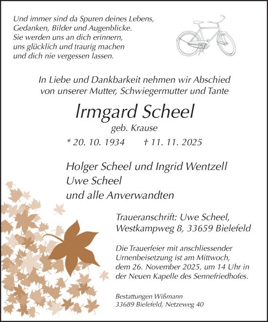 Traueranzeige von Irmgard Scheel von Neue Westfälische und Westfalen-Blatt
