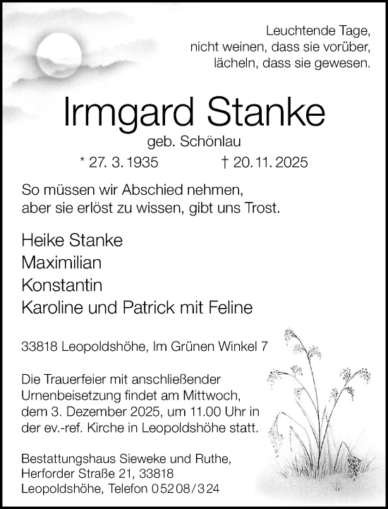 Traueranzeige von Irmgard Stanke von Neue Westfälische und Westfalen-Blatt