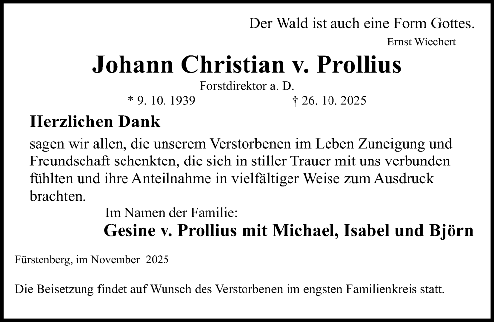 Traueranzeige für Johann Christian v. Prollius vom 29.11.2025 aus Neue Westfälische und Westfalen-Blatt