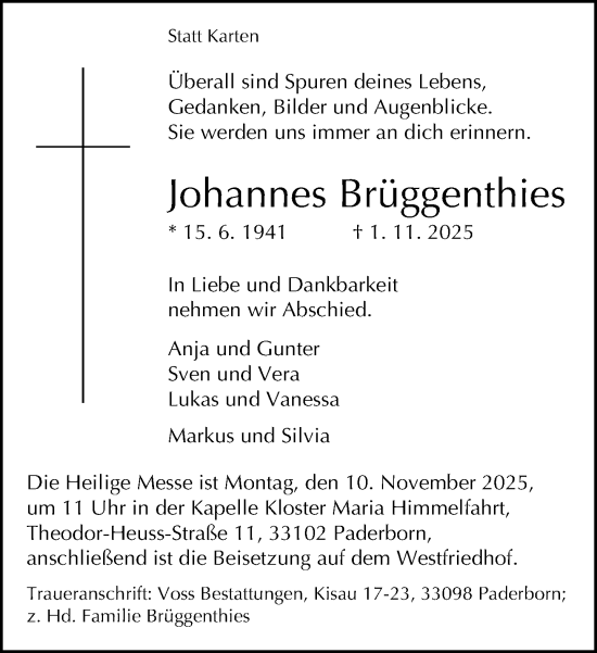 Traueranzeige von Johannes Brüggenthies von Neue Westfälische und Westfalen-Blatt