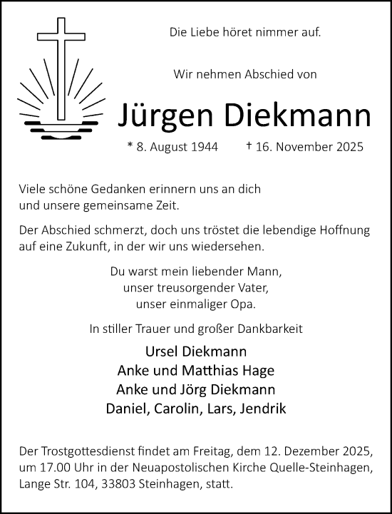 Traueranzeige von Jürgen Diekmann von Neue Westfälische und Westfalen-Blatt