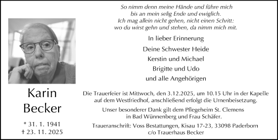 Traueranzeige von Karin Becker von Neue Westfälische und Westfalen-Blatt