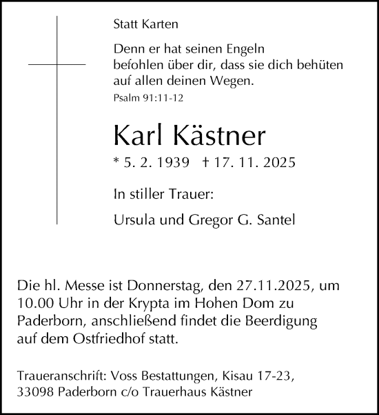 Traueranzeige von Karl Kästner von Neue Westfälische und Westfalen-Blatt