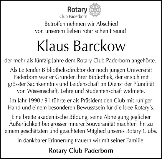 Traueranzeige von Klaus Barckow von Neue Westfälische und Westfalen-Blatt