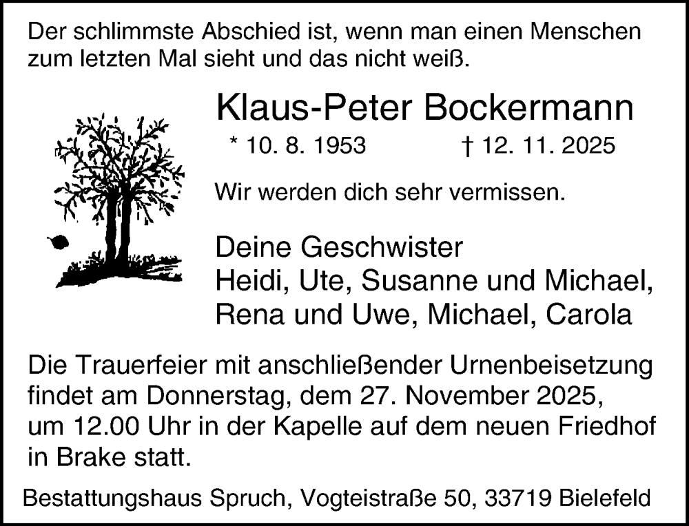  Traueranzeige für Klaus-Peter Bockermann vom 22.11.2025 aus Neue Westfälische und Westfalen-Blatt