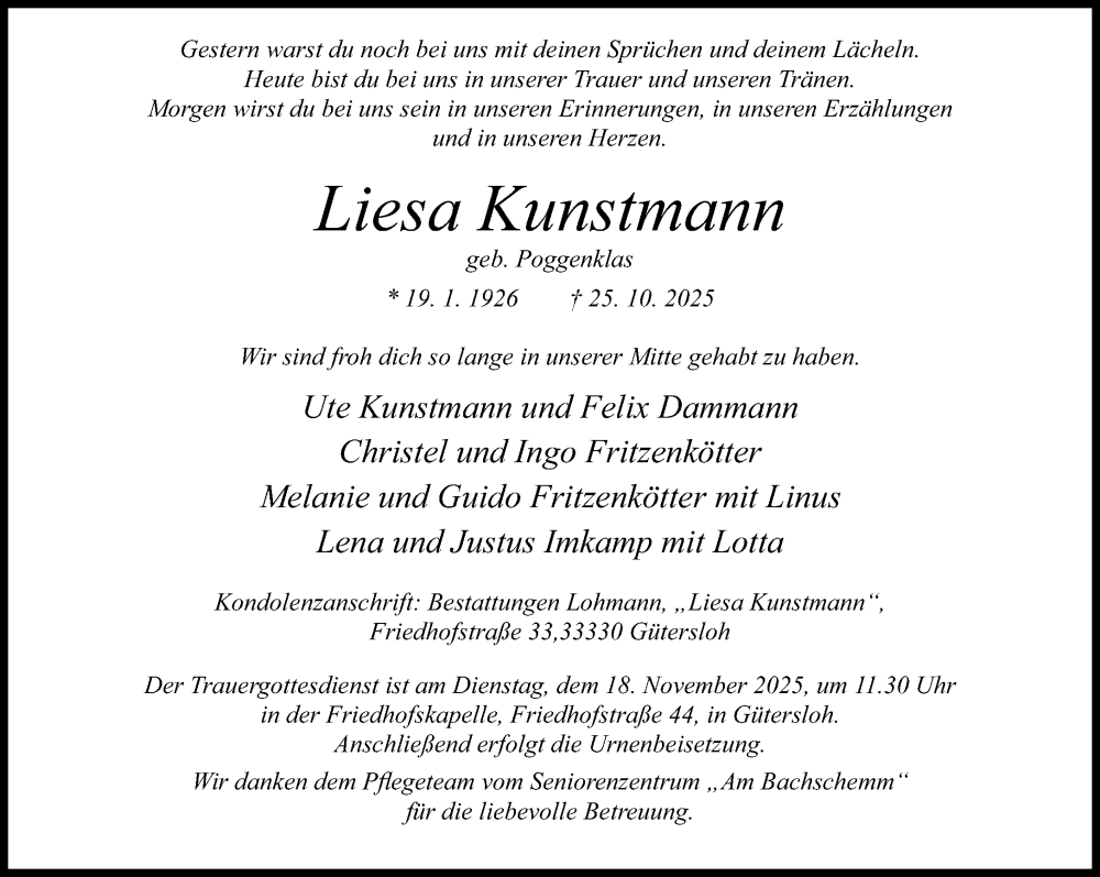  Traueranzeige für Liesa Kunstmann vom 08.11.2025 aus Neue Westfälische und Westfalen-Blatt