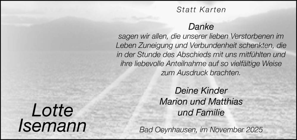  Traueranzeige für Lotte Isemann vom 15.11.2025 aus Neue Westfälische und Westfalen-Blatt