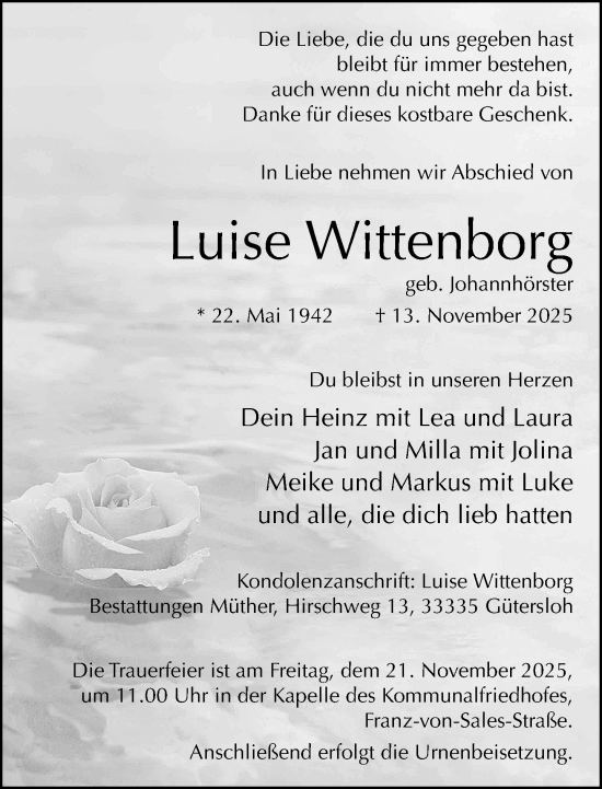 Traueranzeige von Luise Wittenborg von Neue Westfälische und Westfalen-Blatt