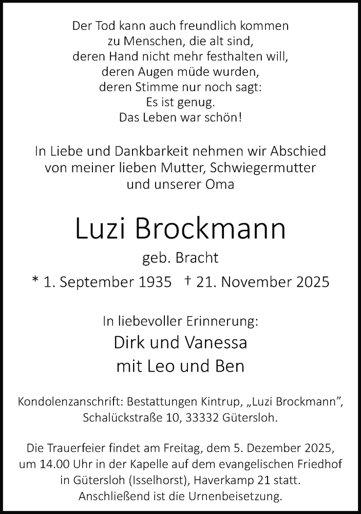  Traueranzeige für Luzi Brockmann vom 29.11.2025 aus Neue Westfälische und Westfalen-Blatt