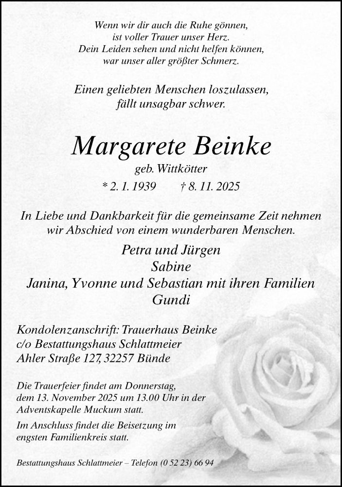  Traueranzeige für Margarete Beinke vom 11.11.2025 aus Neue Westfälische und Westfalen-Blatt