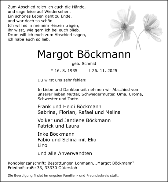 Traueranzeige von Margot Böckmann von Neue Westfälische und Westfalen-Blatt