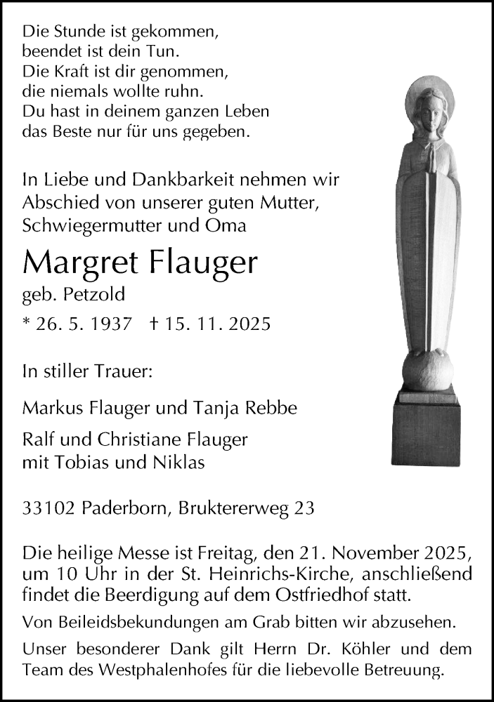 Traueranzeige für Margret Flauger vom 19.11.2025 aus Neue Westfälische und Westfalen-Blatt