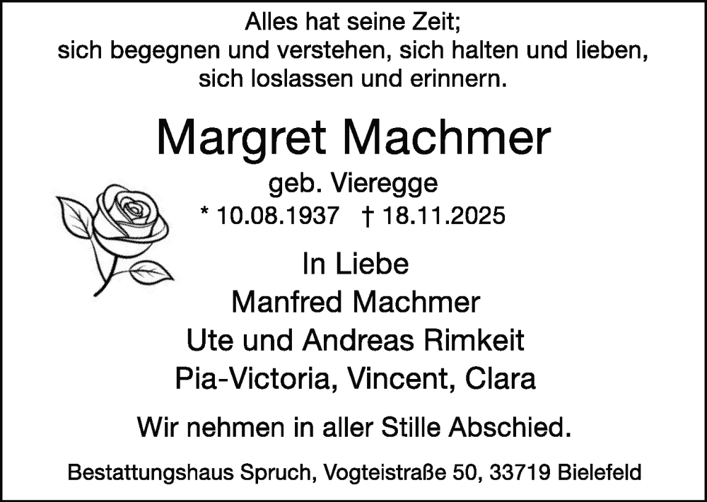  Traueranzeige für Margret Machmer vom 22.11.2025 aus Neue Westfälische und Westfalen-Blatt