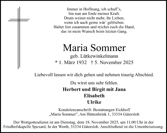 Traueranzeige von Maria Sommer von Neue Westfälische und Westfalen-Blatt