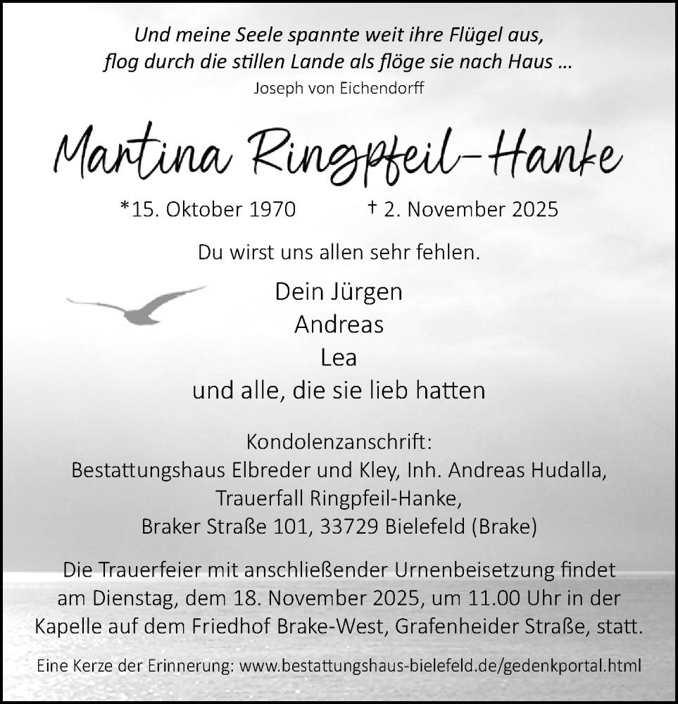  Traueranzeige für Martina Ringpfeil-Hanke vom 15.11.2025 aus Neue Westfälische und Westfalen-Blatt