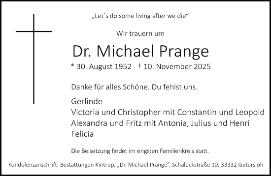 Traueranzeige von Michael Prange von Neue Westfälische und Westfalen-Blatt