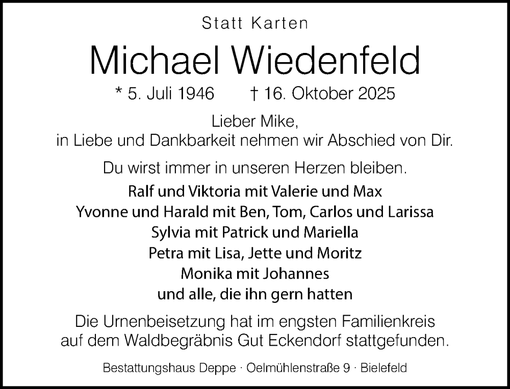  Traueranzeige für Michael Wiedenfeld vom 08.11.2025 aus Neue Westfälische und Westfalen-Blatt