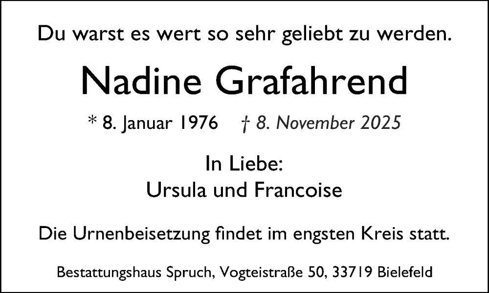  Traueranzeige für Nadine Grafahrend vom 19.11.2025 aus Neue Westfälische und Westfalen-Blatt