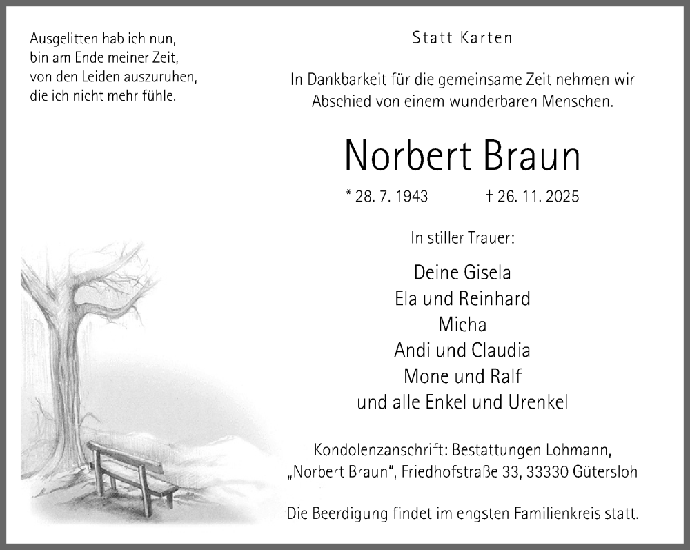 Traueranzeige für Norbert Braun vom 29.11.2025 aus Neue Westfälische und Westfalen-Blatt