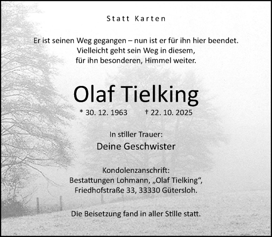 Traueranzeige von Olaf Tielking von Neue Westfälische und Westfalen-Blatt