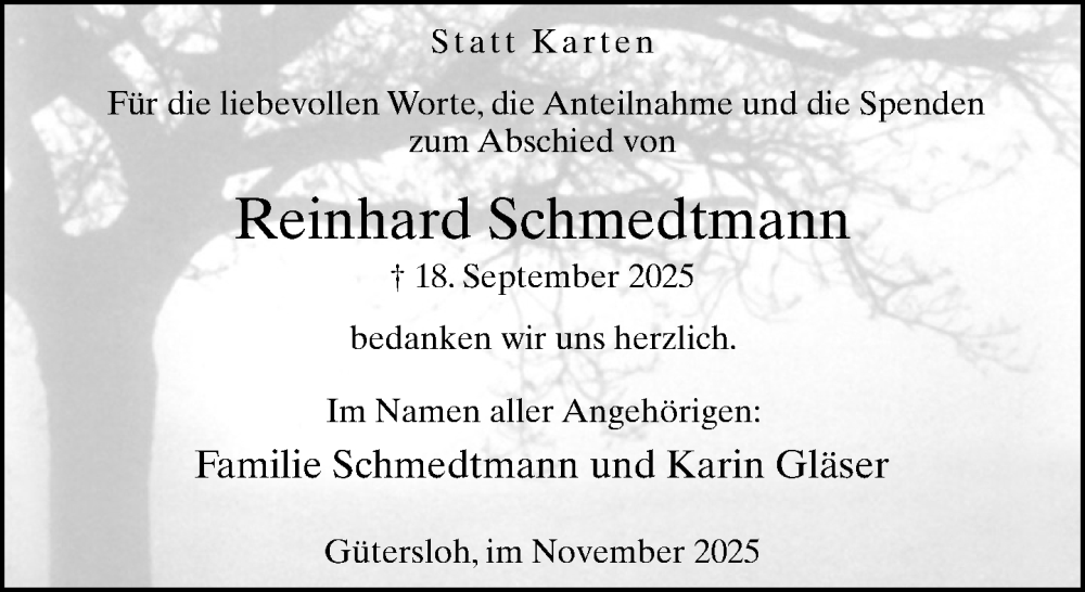  Traueranzeige für Reinhard Schmedtmann vom 15.11.2025 aus Neue Westfälische und Westfalen-Blatt