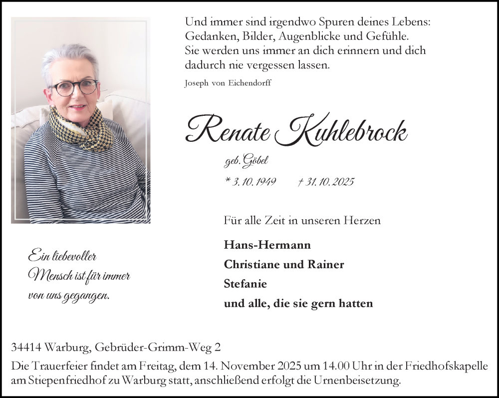  Traueranzeige für Renate Kühlebrock vom 08.11.2025 aus Neue Westfälische und Westfalen-Blatt