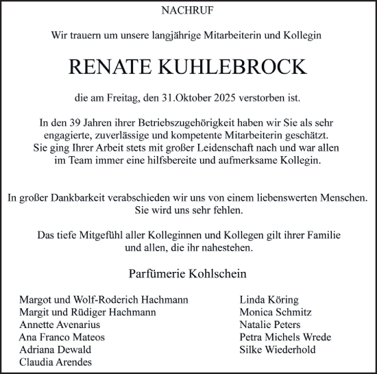 Traueranzeige von Renate Kühlebrock von Neue Westfälische und Westfalen-Blatt