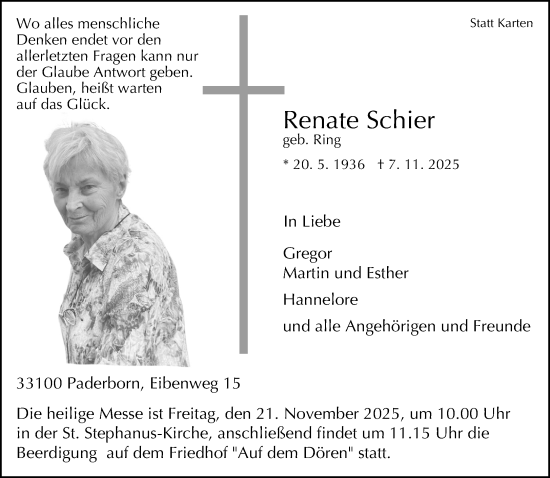 Traueranzeige von Renate Schier von Neue Westfälische und Westfalen-Blatt