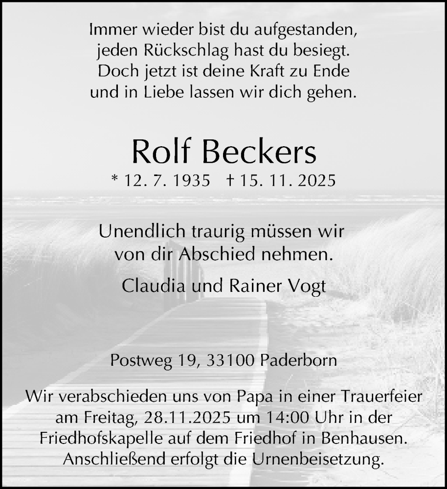  Traueranzeige für Rolf Beckers vom 22.11.2025 aus Neue Westfälische und Westfalen-Blatt