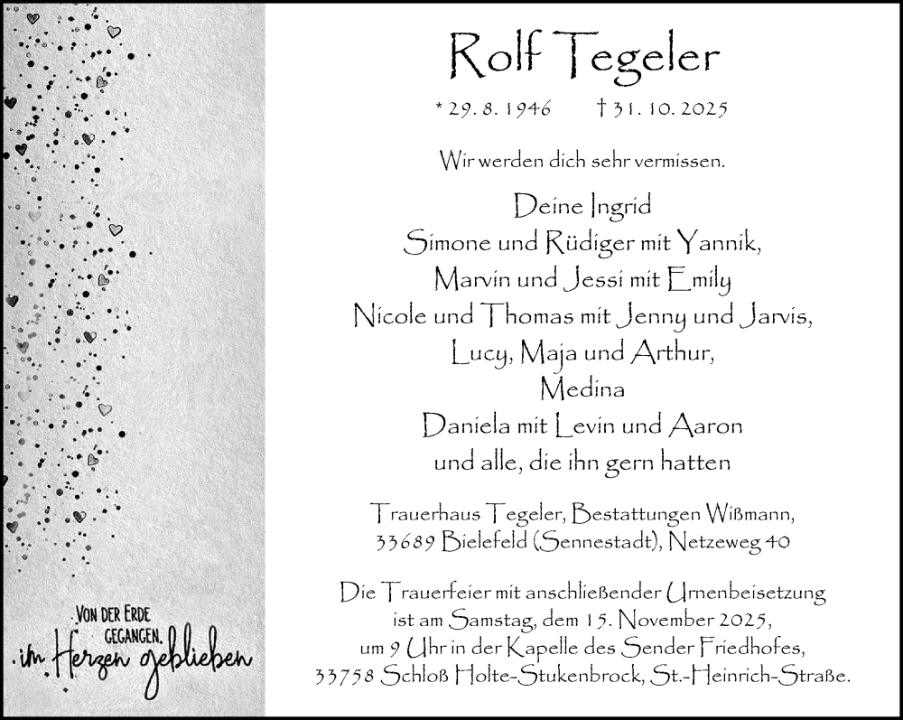  Traueranzeige für Rolf Tegeler vom 08.11.2025 aus Neue Westfälische und Westfalen-Blatt