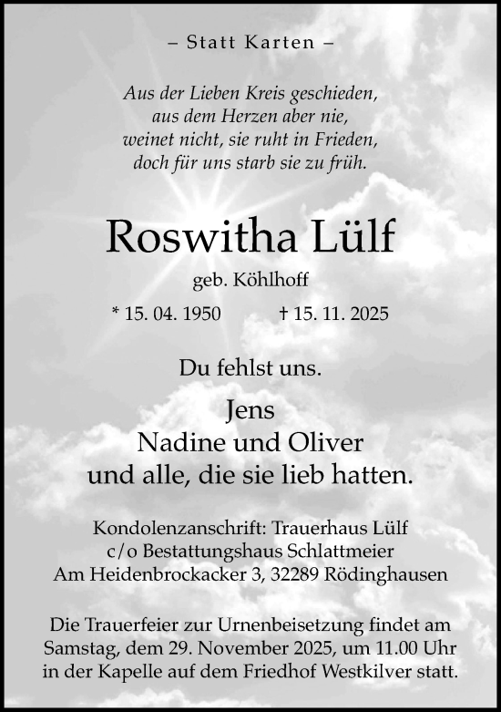 Traueranzeige von Roswitha Lülf von Neue Westfälische und Westfalen-Blatt