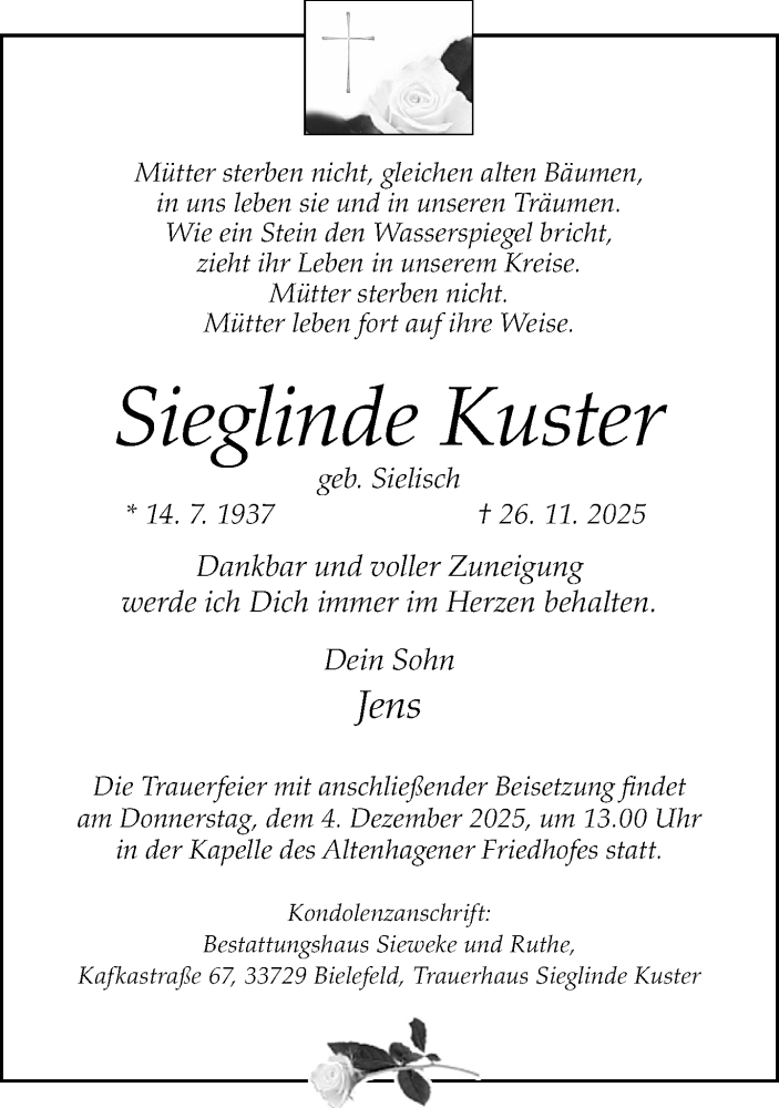  Traueranzeige für Sieglinde Kuster vom 29.11.2025 aus Neue Westfälische und Westfalen-Blatt
