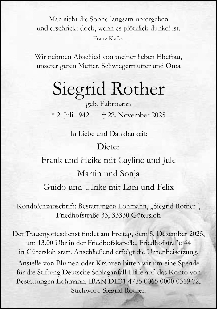  Traueranzeige für Siegrid Rother vom 29.11.2025 aus Neue Westfälische und Westfalen-Blatt