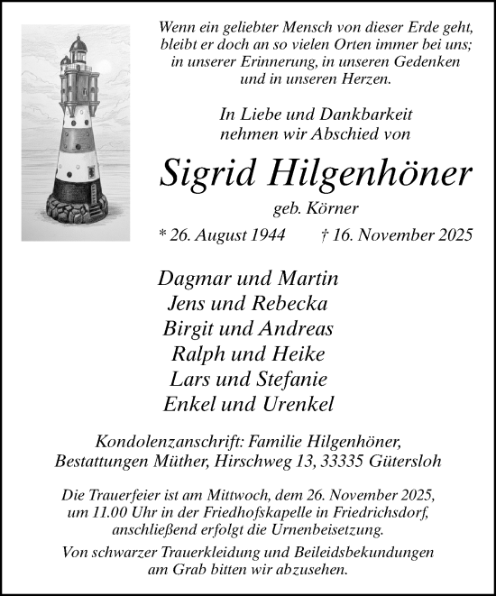 Traueranzeige von Sigrid Hilgenhöner von Neue Westfälische und Westfalen-Blatt