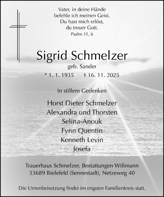 Traueranzeige von Sigrid Schmelzer von Neue Westfälische und Westfalen-Blatt