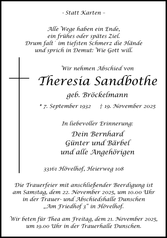 Traueranzeige von Theresia Sandbothe von Neue Westfälische und Westfalen-Blatt
